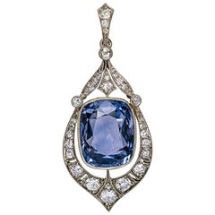 Rare 12.47 Carat Natural Ceylon Sapphire Diamond Art Deco Pendant