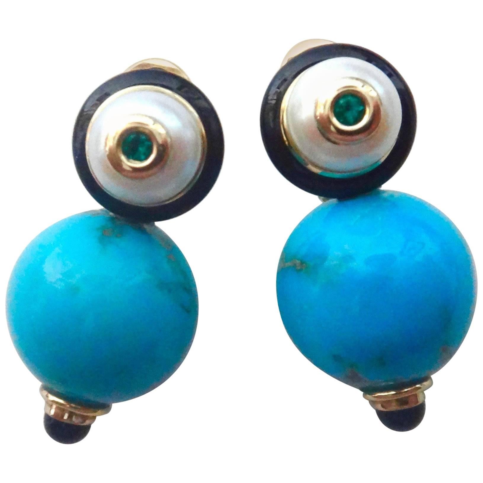 Michael Kneebone Sleeping Beauty Turquoise Pearl Emerald Onyx Drop Earrings