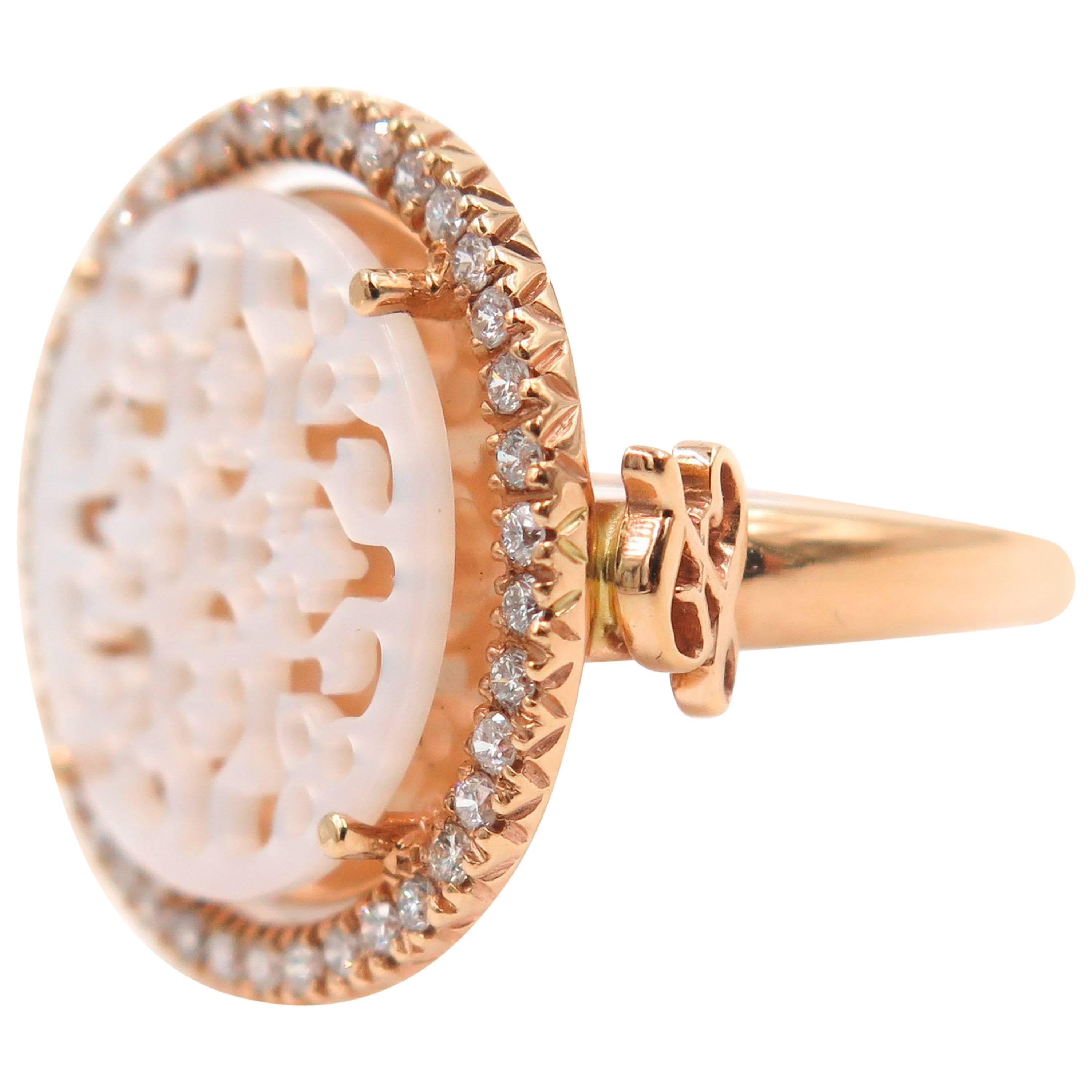 Rose Gold Openwork Mother-of-Pearl Diamond Ring For Sale