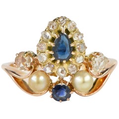 Victorian Sapphire Diamond Natural Pearl Tiara Ring