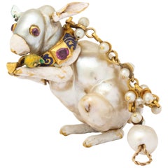 19th Century Renaissance Revival Natural Pearl Gold Rabbit Pendant