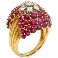 1950s Cartier France Ruby Diamond Gold Cocktail Ring