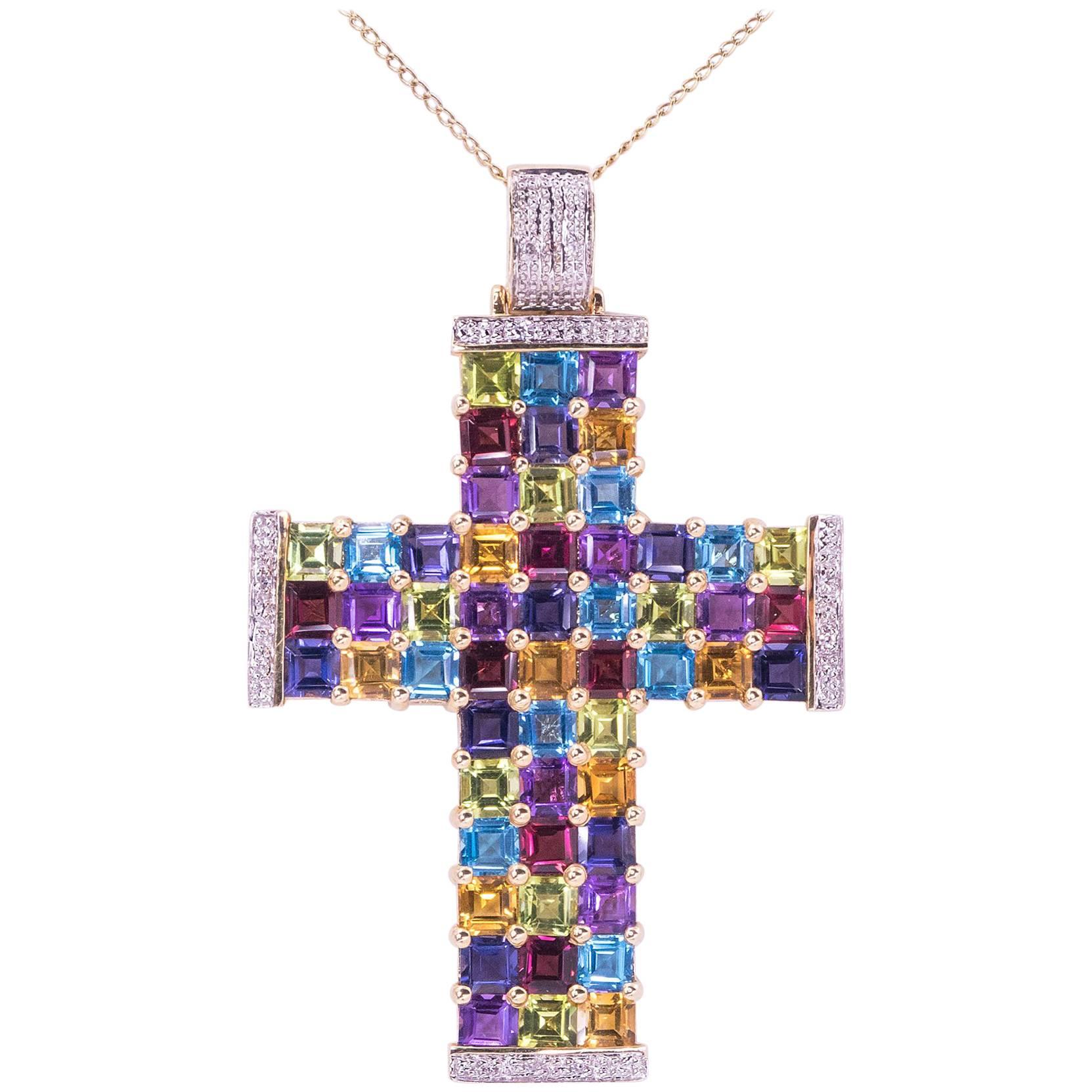 Diamond and Multicolor Gemstone Gold Cross Pendant For Sale
