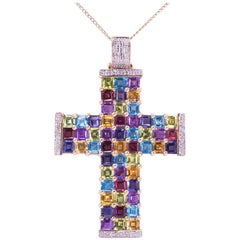 Vintage Diamond and Multicolor Gemstone Gold Cross Pendant