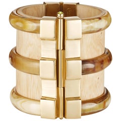 Fouché Cuff Bracelet Gold Bespoke Diana Vreeland Horn Wood Emerald Ruby