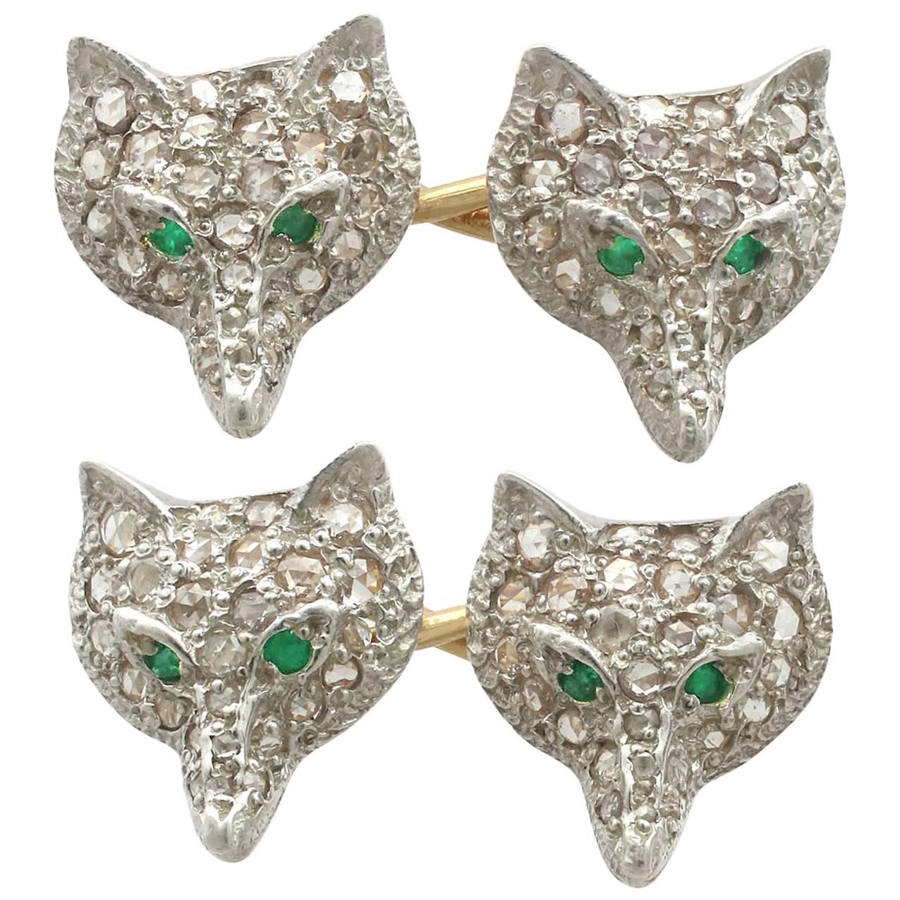 Diamond and Emerald Silver Fox Head Cufflinks