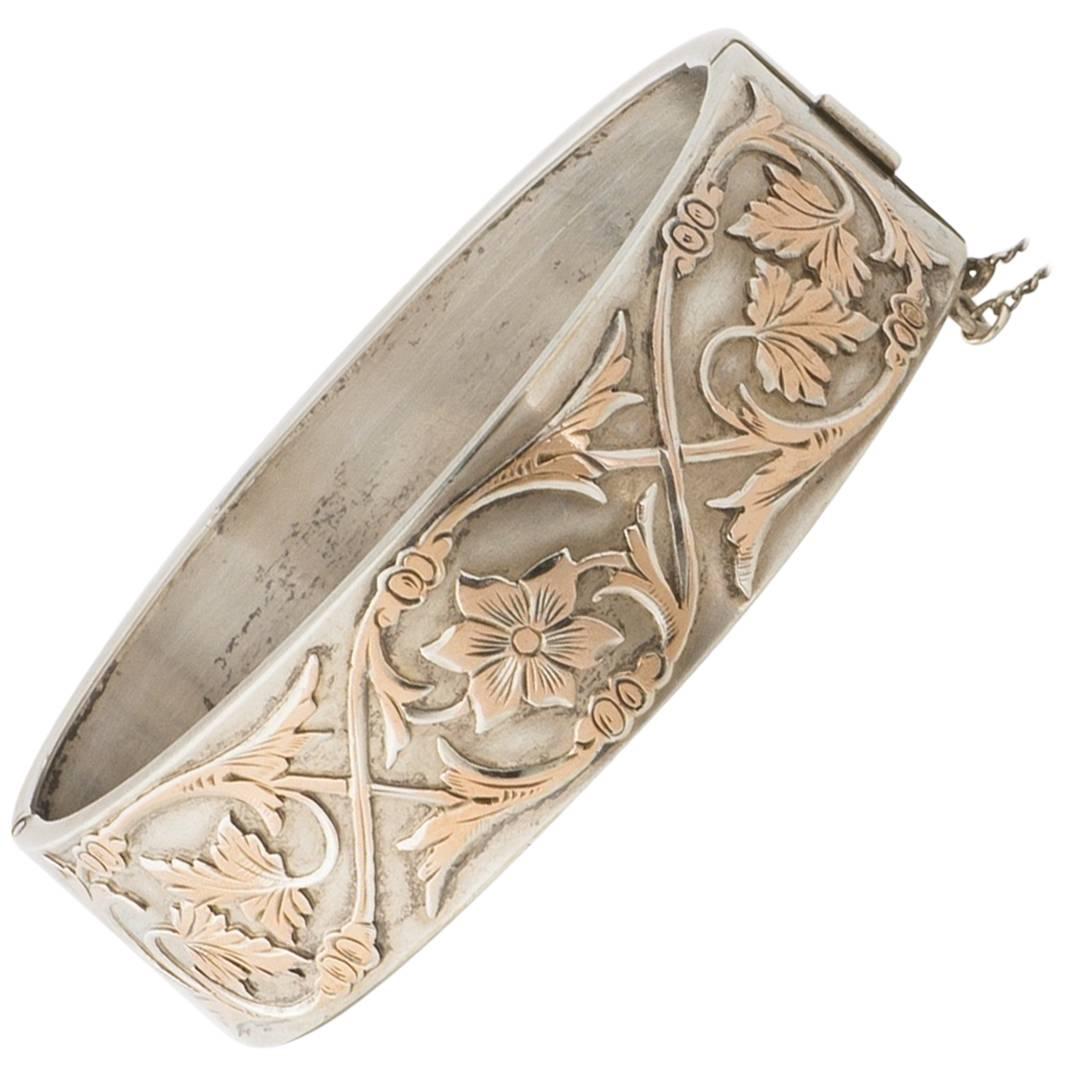French Art Nouveau Silver and Gold Overlay Bangle by Auguste Savard For Sale