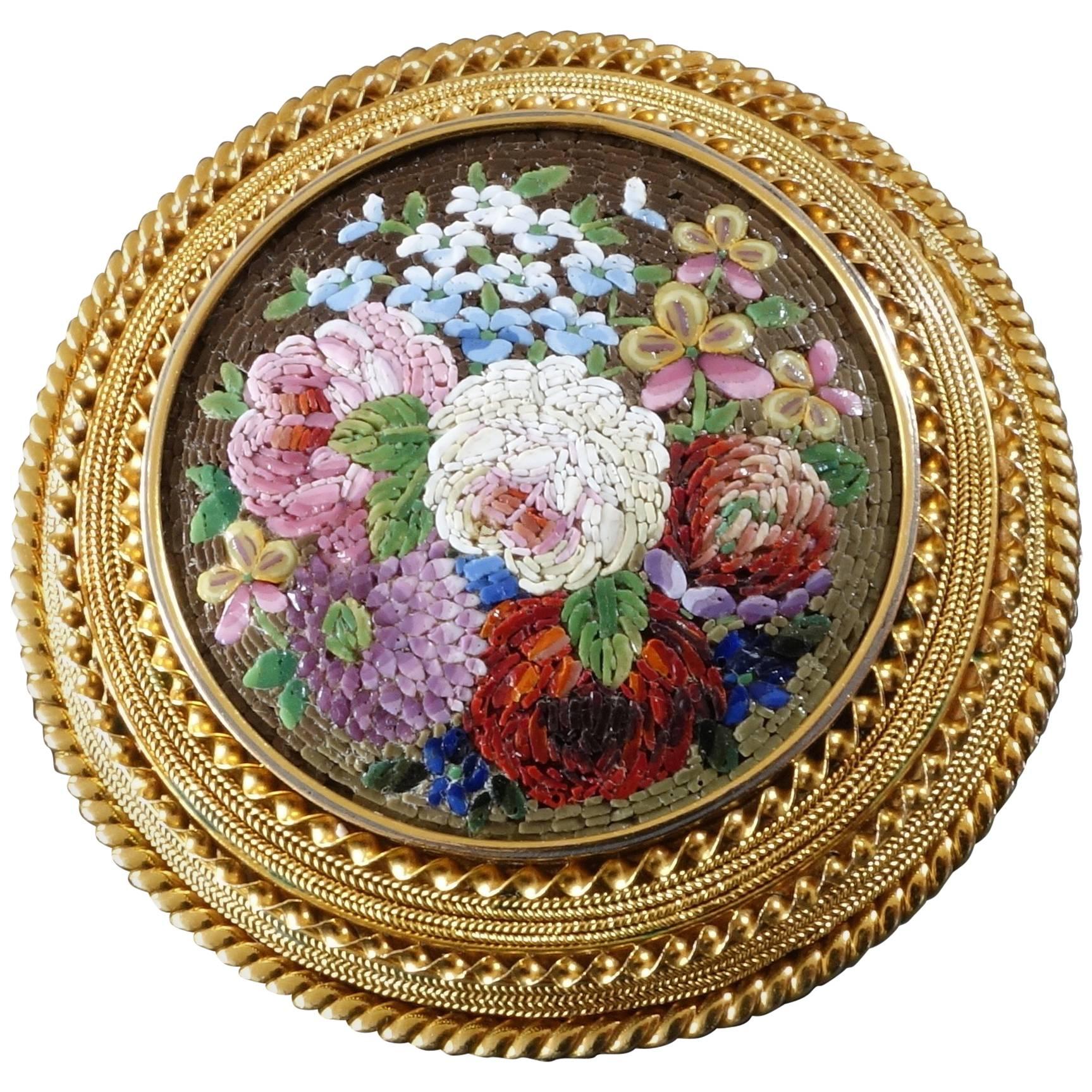 1860s Antique Italian Micro Mosaic Gold Brooch