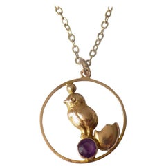 Edwardian Amethyst Chick "Good Luck" Gold Pendant Necklace