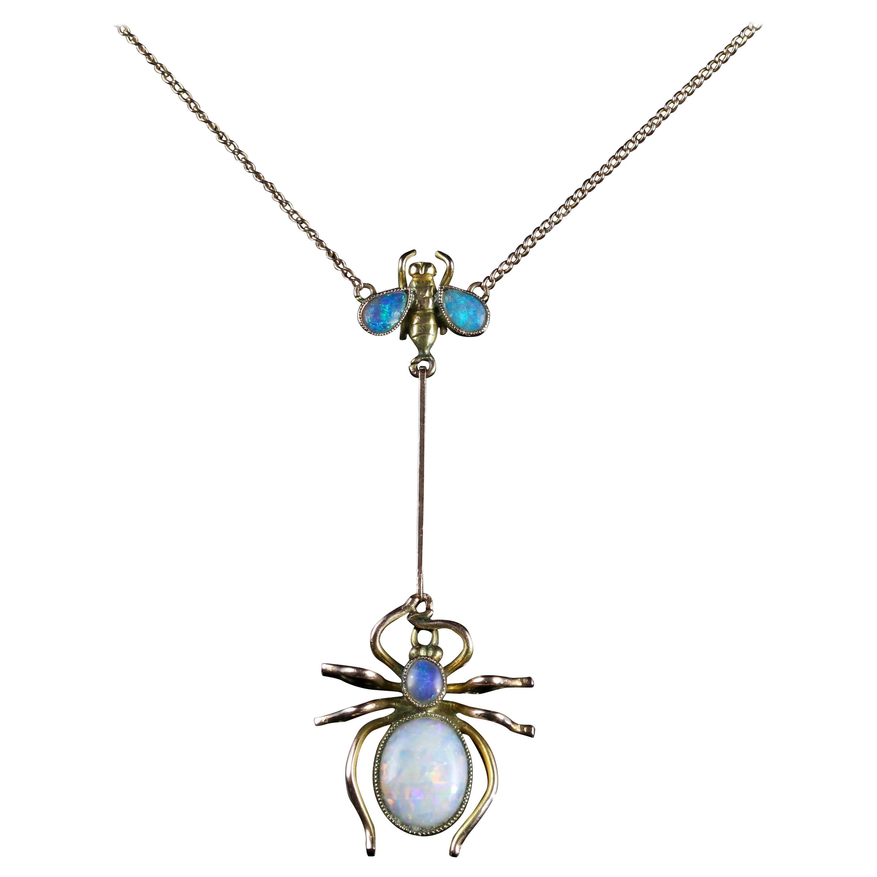 Antique Victorian Opal Spider Fly Necklace, circa 1900