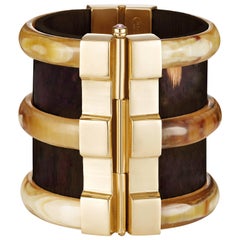 Fouché Cuff Bracelet Gold Bespoke Diana Vreeland Horn Emerald Ruby Wood