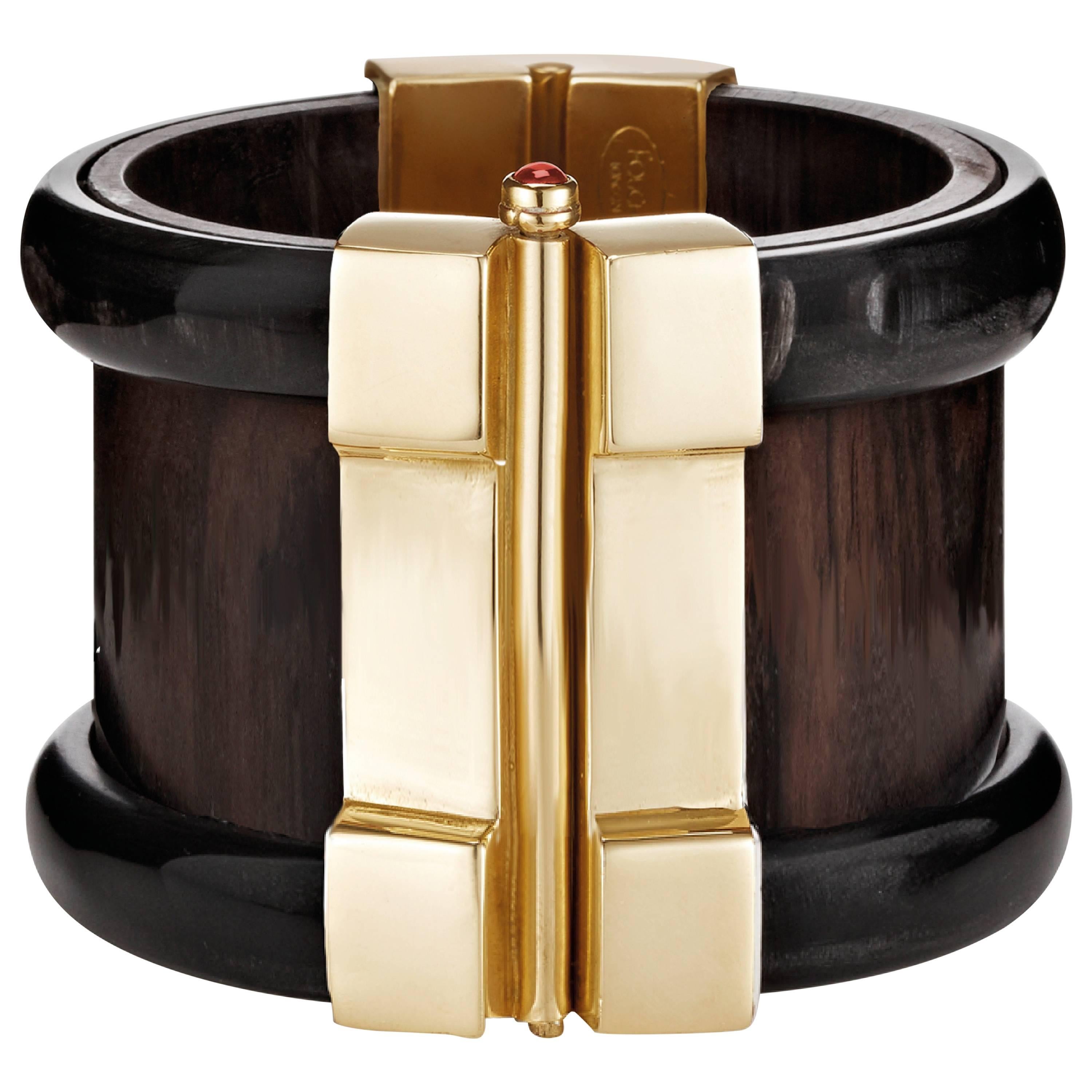 Fouché Cuff Bracelet Gold Bespoke Horn Wood Emerald Ruby For Sale