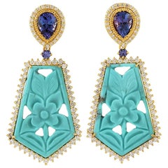Carved Turquoise Earring with Diamonds and Tanzanite