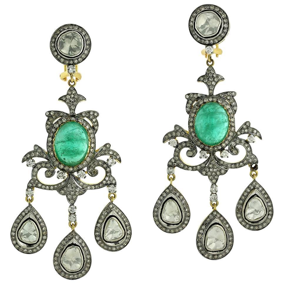 Indian Emerald Diamond Chandelier Earrings For Sale