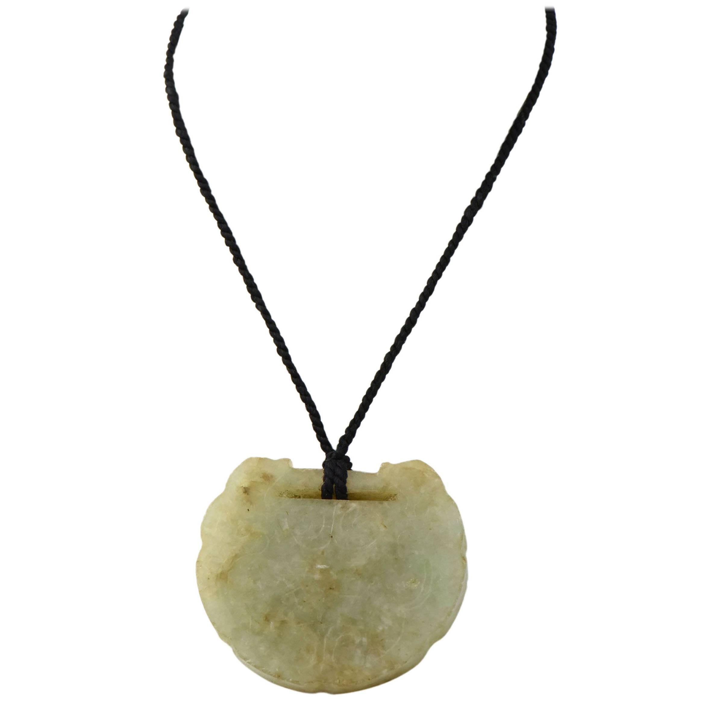 Carved and Etched Jade Pendant on Cord