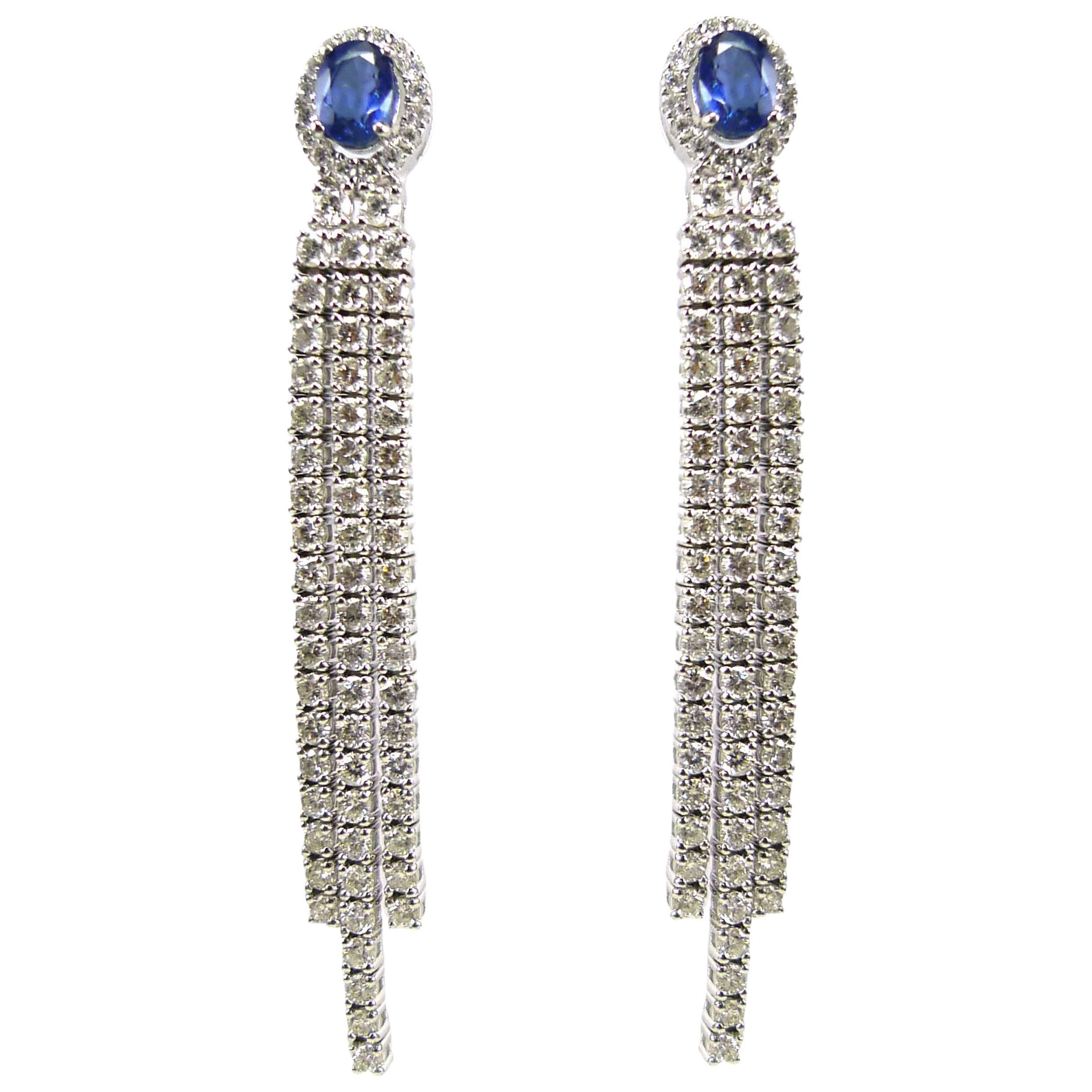 Blue Sapphire Diamond Linear Drop Earring For Sale