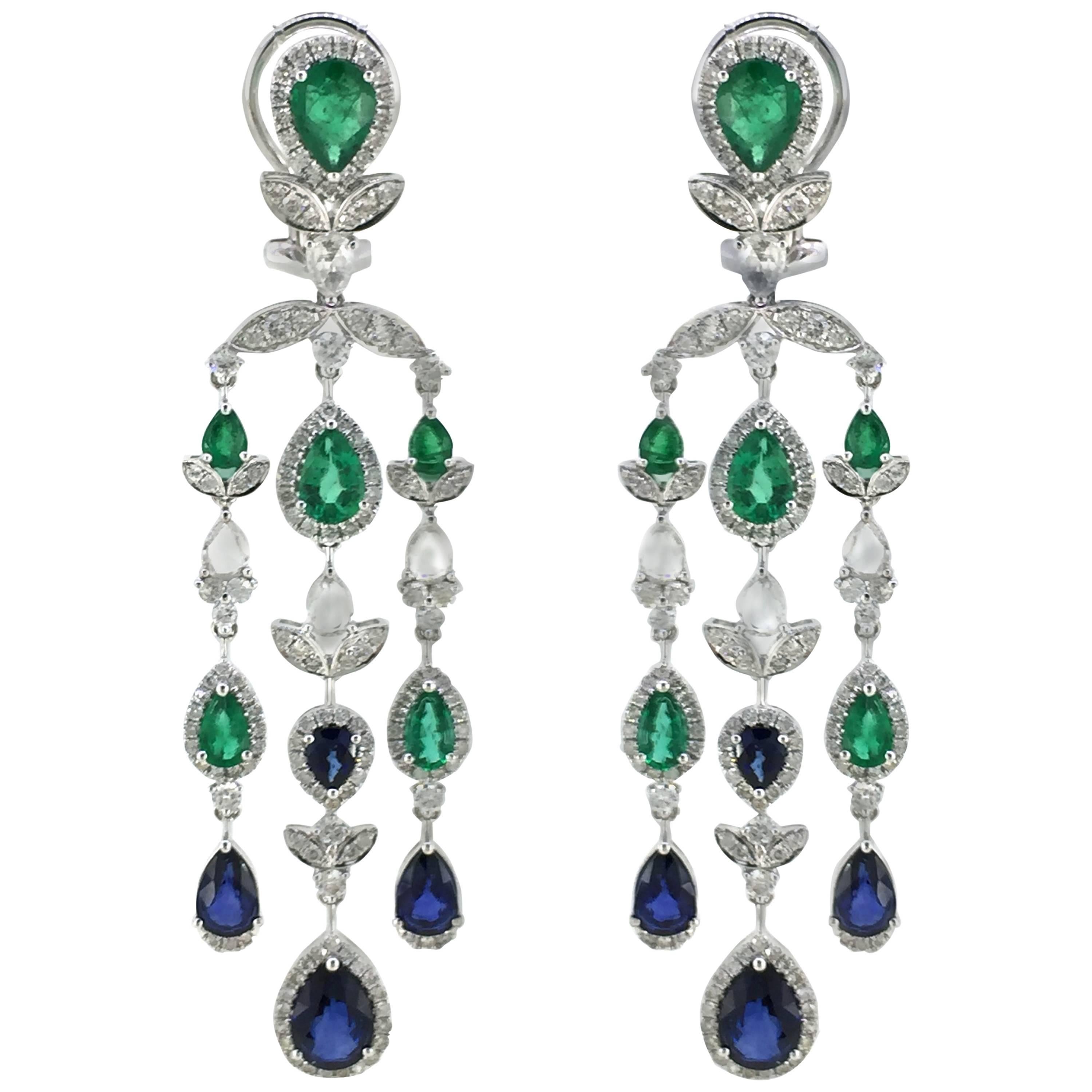 Blue Sapphire Emerald Diamond Chandelier Earring For Sale
