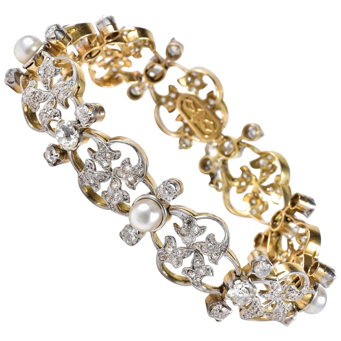Art Nouveau 9.50 Carat Diamond Natural Pearls Rare Bracelet For Sale