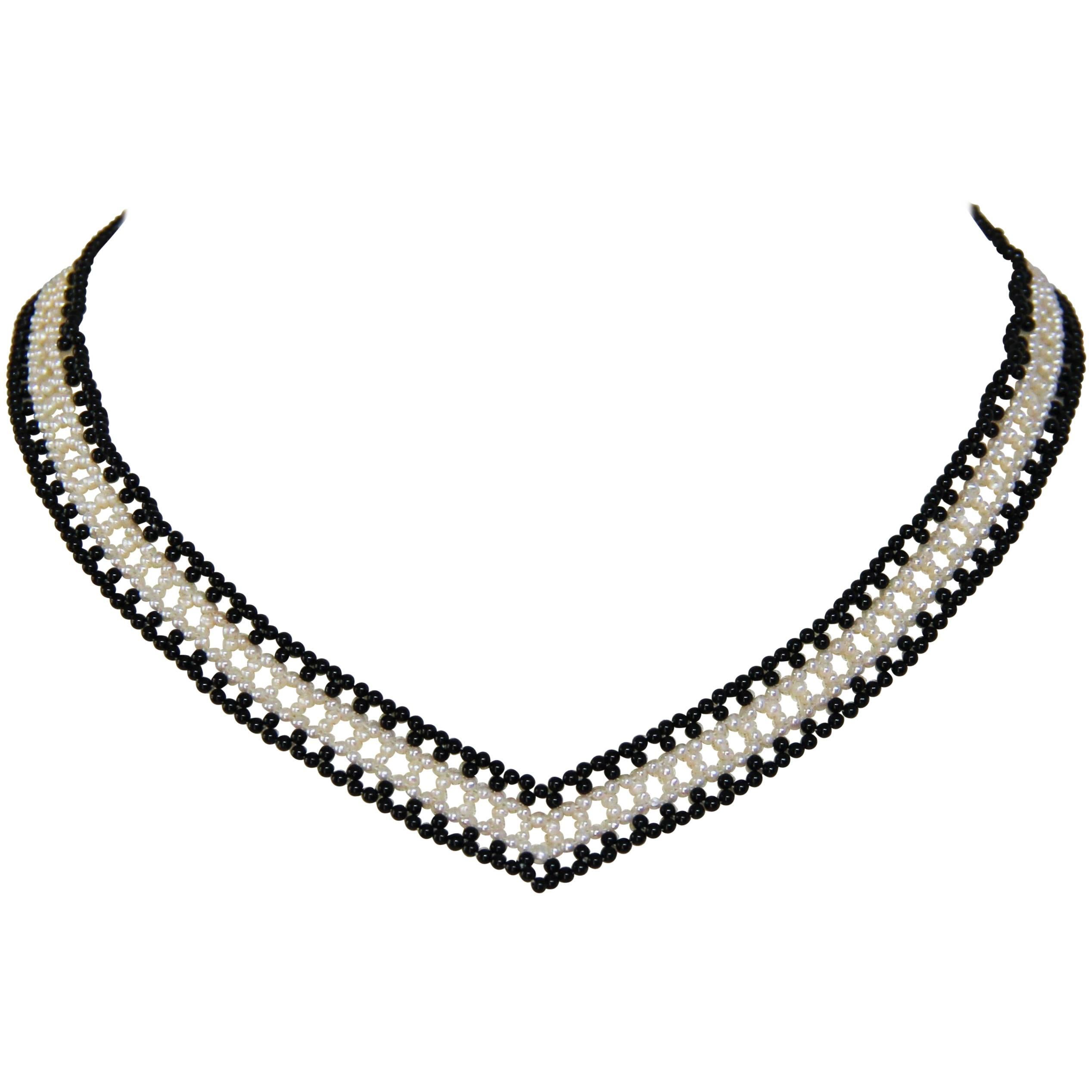 Marina J Black and White V Necklace with Pearls and Onyx Beads