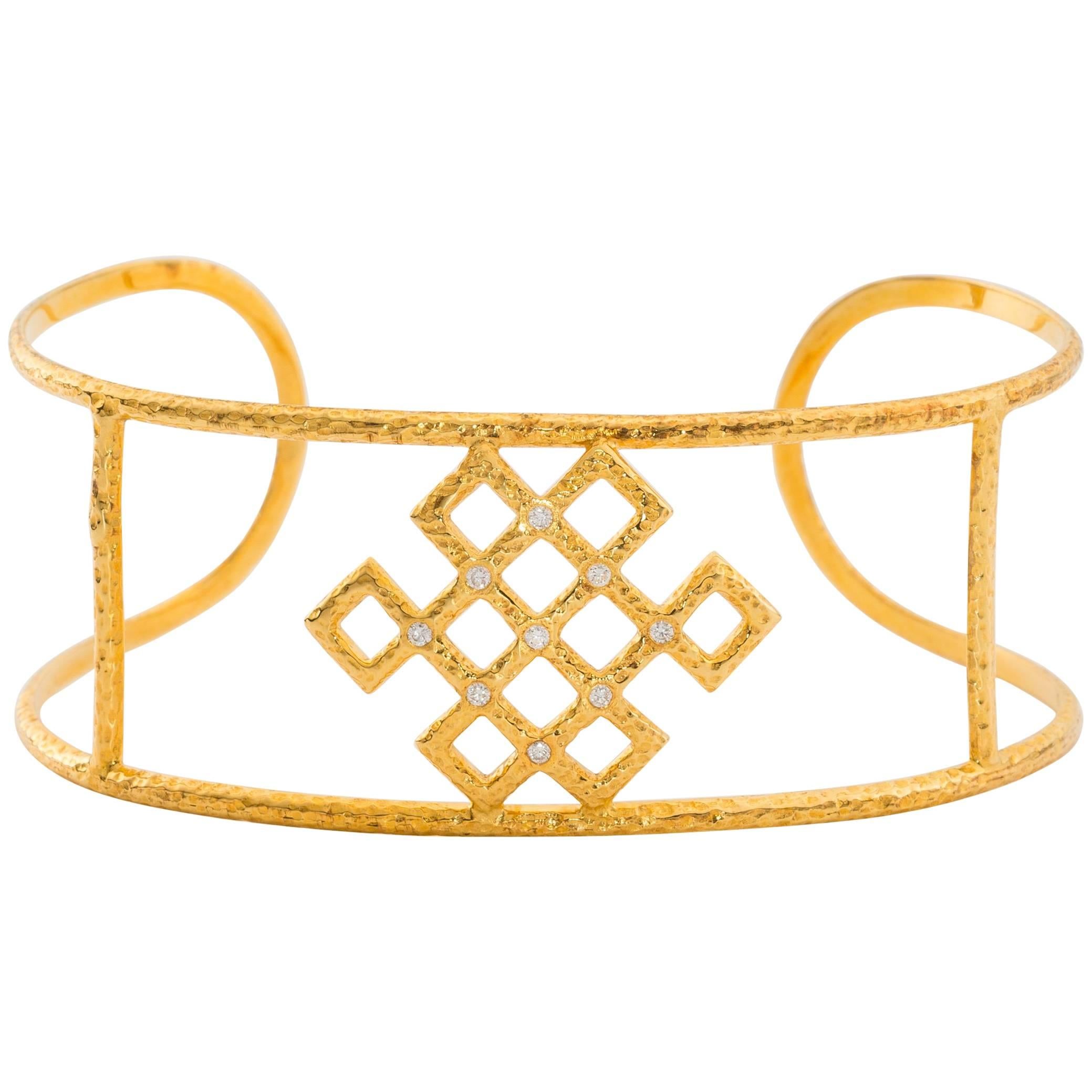 Chinoiserie Endless Knot Cuff, Hand-Hammered Solid 18 Karat Gold and Diamonds For Sale