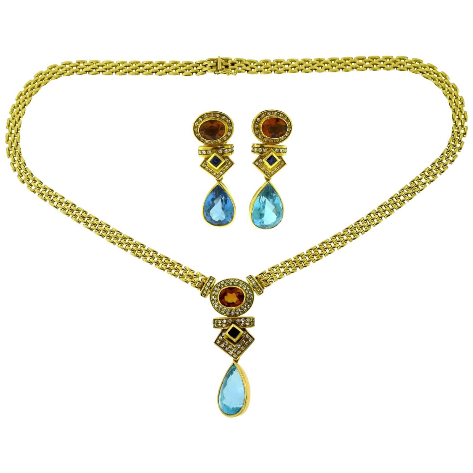 Blue Topaz, Diamond, Citrine and Sapphire Earring and Necklace Two-Piece Set For Sale