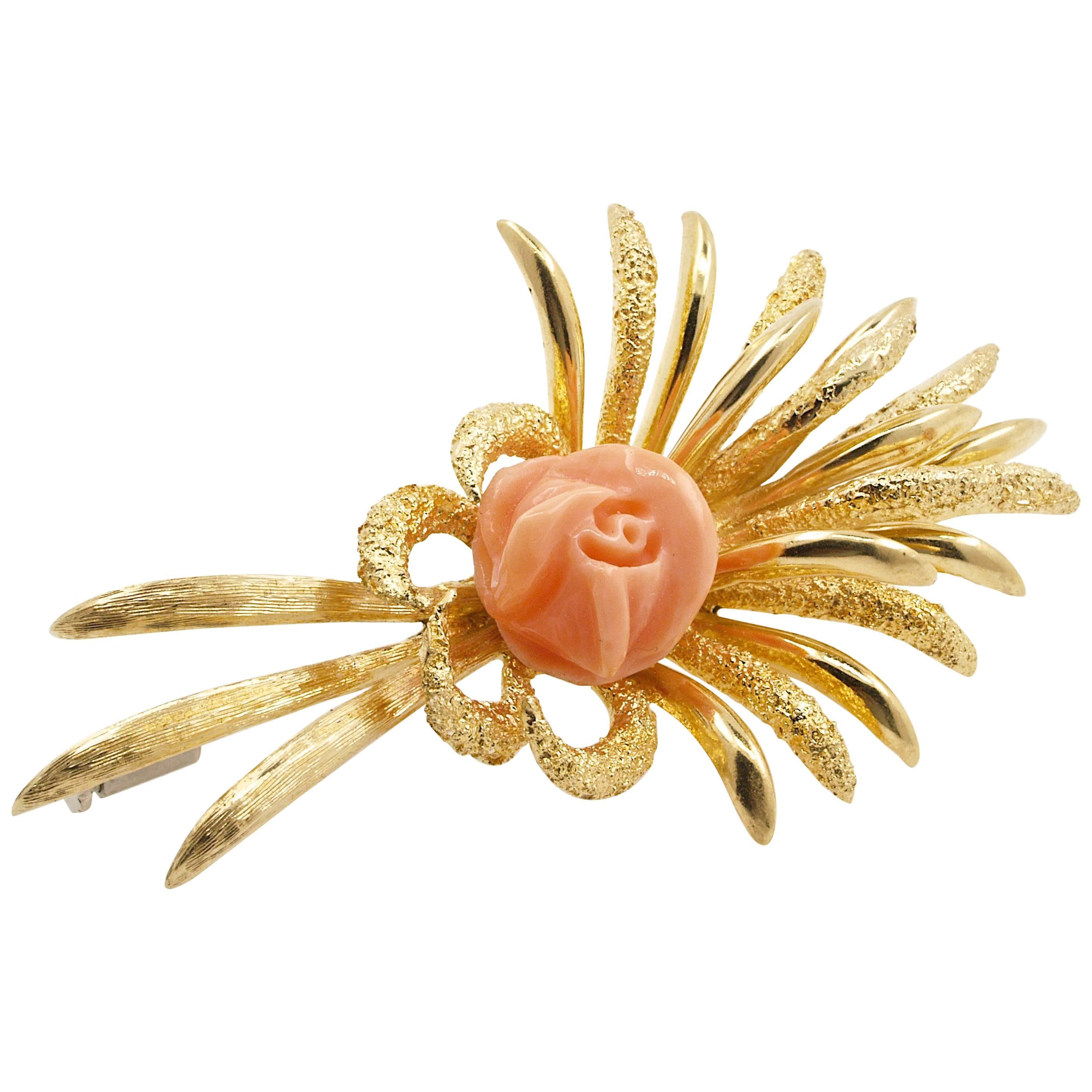 Yellow Brooch 1950s, Coral and 18 Karat Gold For Sale