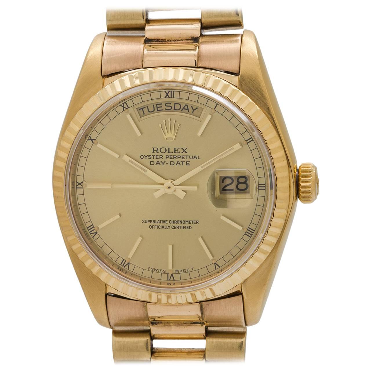 Rolex Yellow Gold Day Date Self Winding Wristwatch Ref 18038, circa 1978