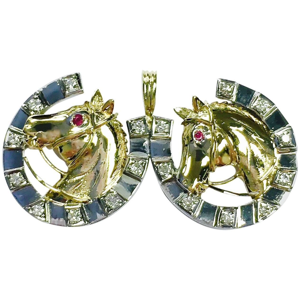 Double Horse Shoe with Horse Head Equestrian Gold Diamond Pendant