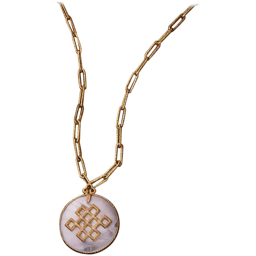 Chinoiserie Pendant, Hand-Hammered 18 Karat Gold, Diamonds and Mother-of-Pearl