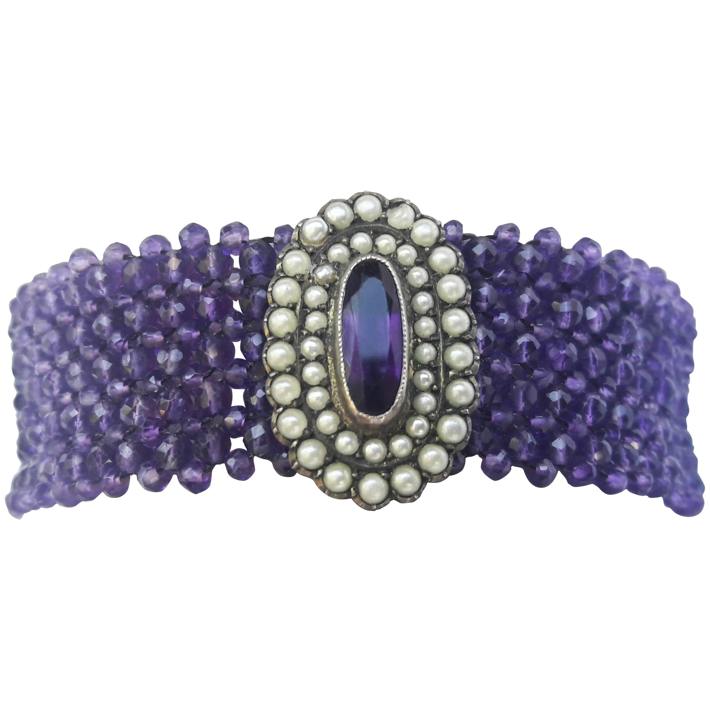 Marina J. Woven Amethyst Beaded Bracelet with  Silver Clasp & Centerpiece For Sale