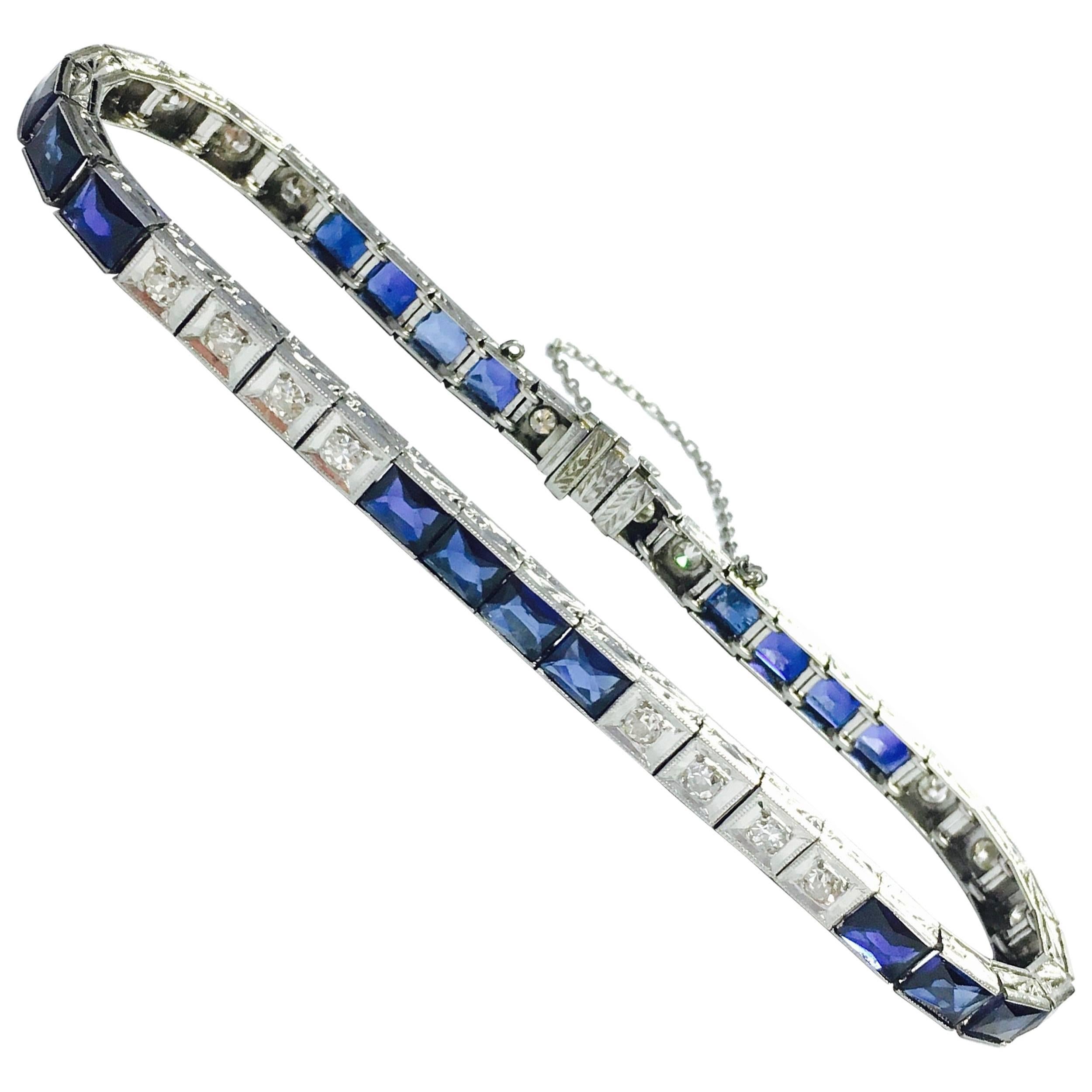 Art Deco Platinum Diamond and Synthetic Sapphire Bracelet