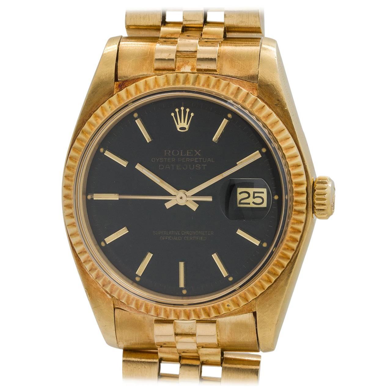 Rolex Yellow Gold Black Dial Datejust Wristwatch Ref 1601, circa 1977
