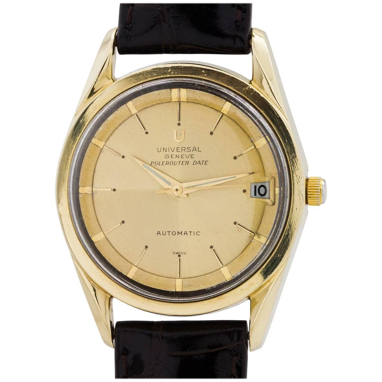 Universal Gold Plate Geneve Polerouter De Luxe Chronometer Wristwatch For Sale