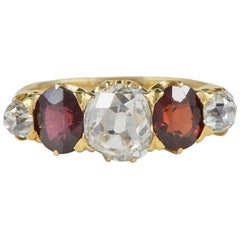 Antique Victorian 2.00 Carat Diamond 1.20 Carat Red Garnet Five-Stone Ring