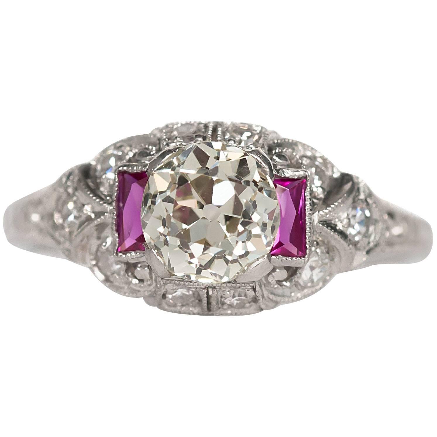 Art Deco Platinum GIA Certified Old European Brilliant Cut Diamond and Ruby Ring