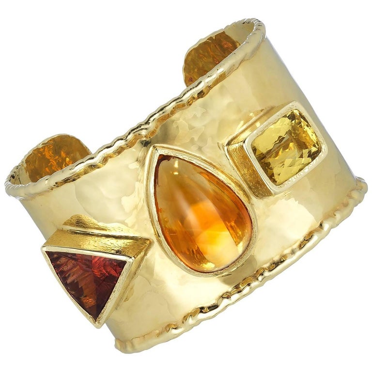 1980's YVES SAINT LAURENT heavy hammered gilt cuff with colorful