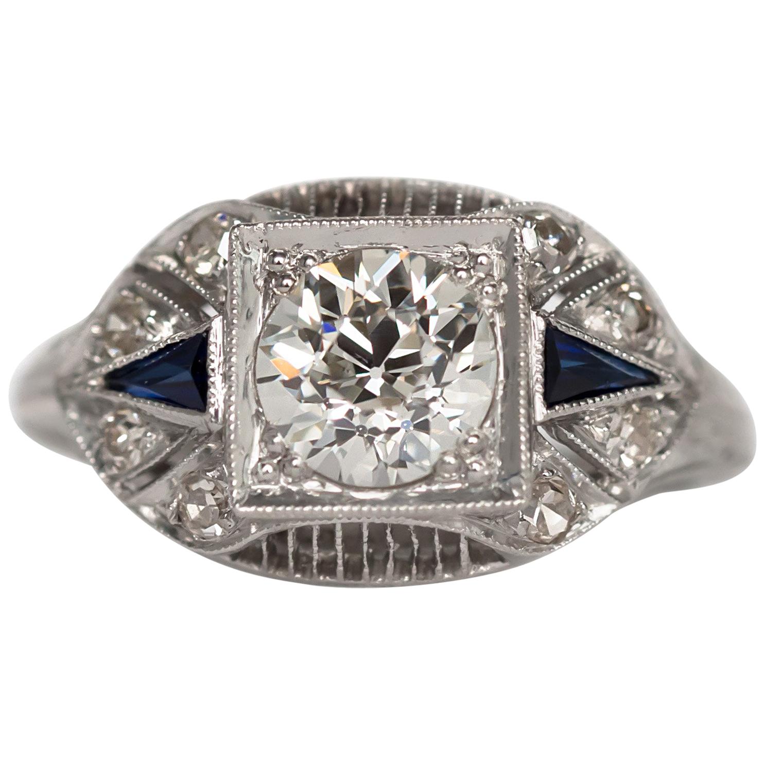 Art Deco Platinum Old European Brilliant Cut Diamond and Sapphire Ring