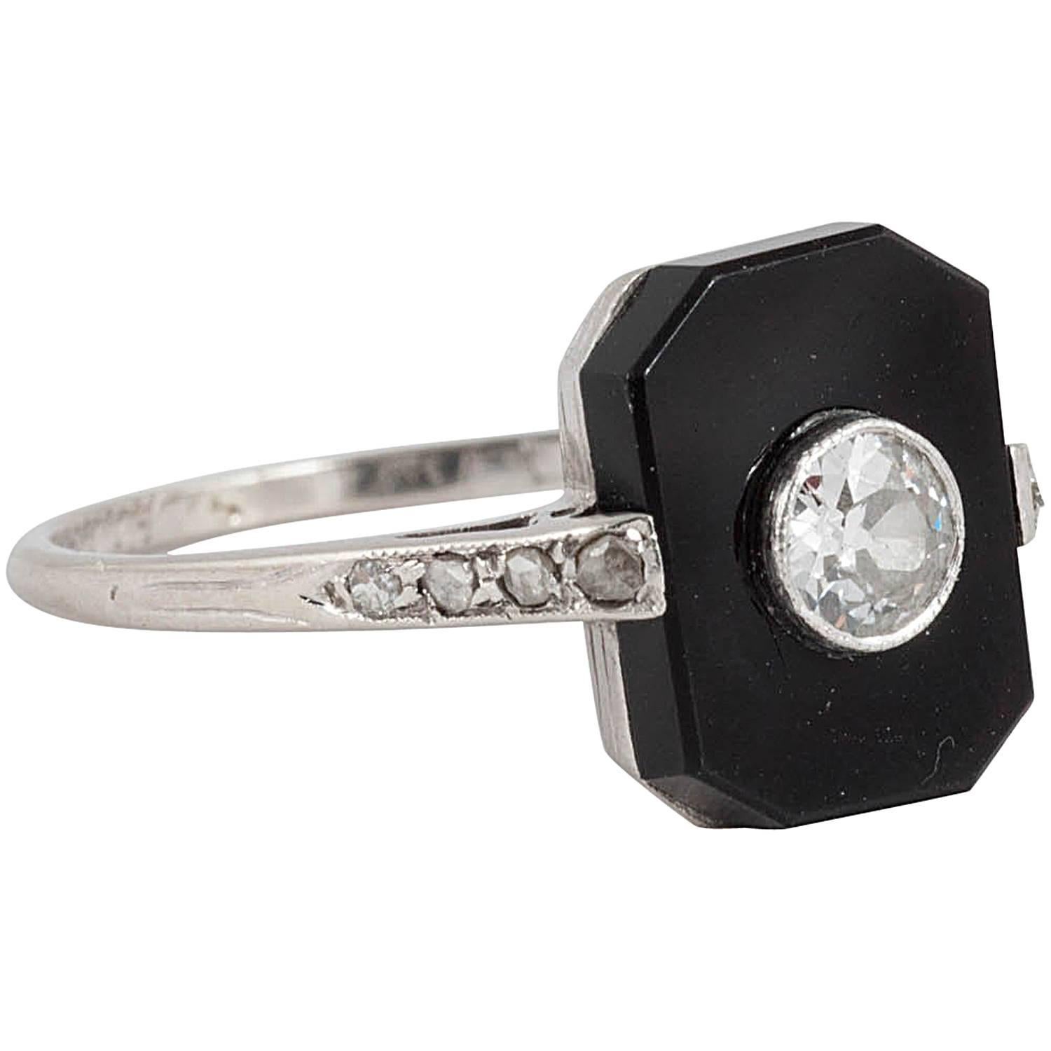 Art Deco Onyx and Diamond Ring For Sale