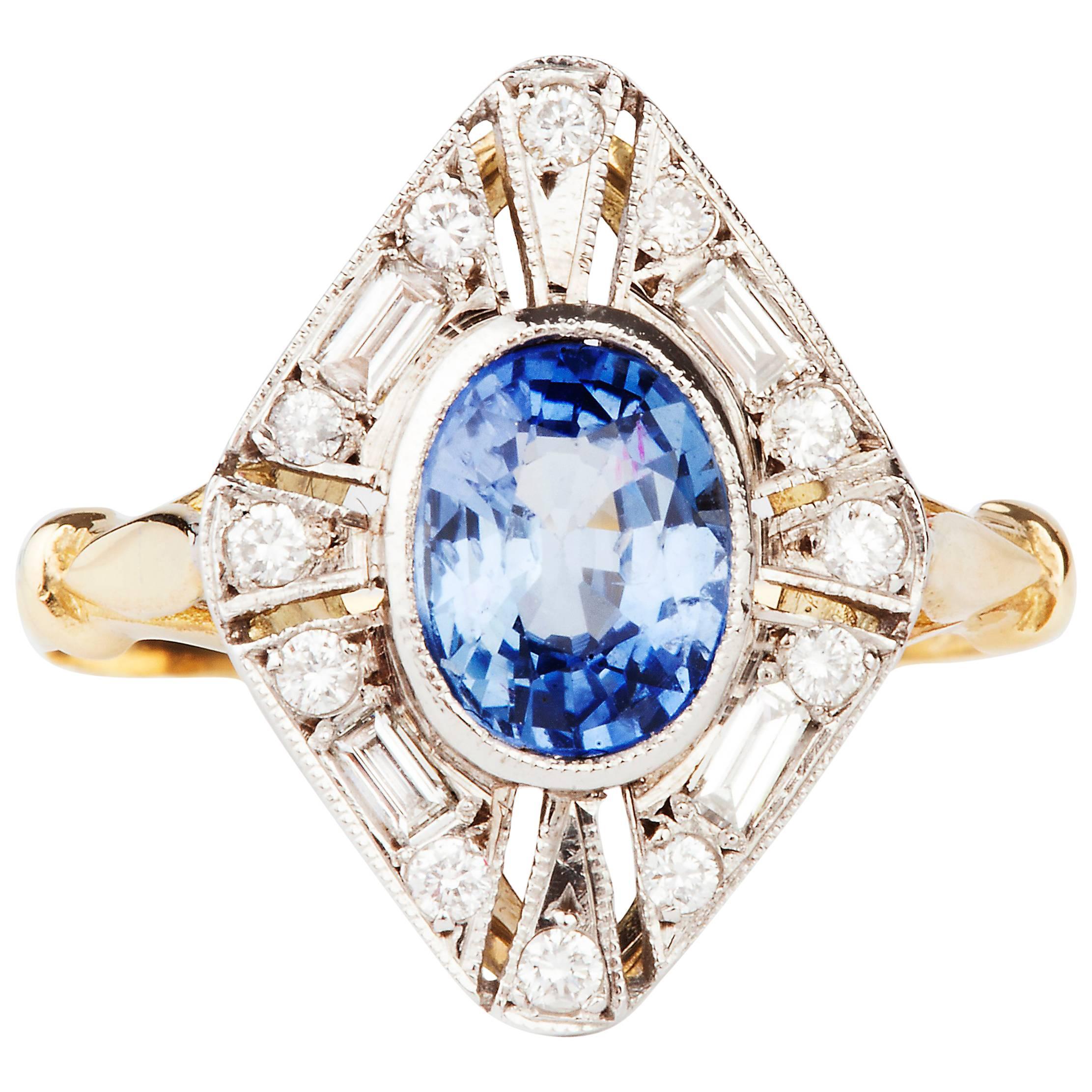 Cornflower Blue Sapphire and Diamond Art Deco Style Ring