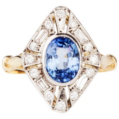 Cornflower Blue Sapphire and Diamond Art Deco Style Ring
