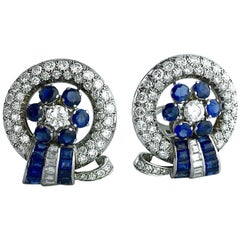 Retro Sapphire Diamond Platinum Earrings