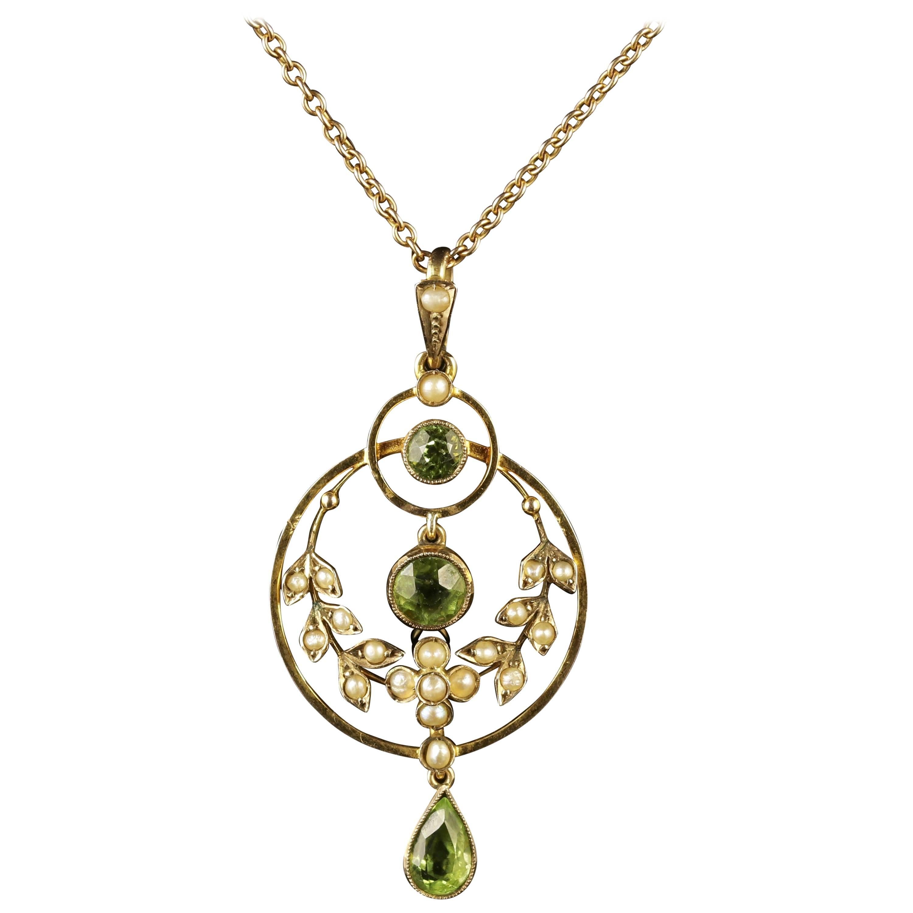 Antique Victorian Peridot Pearl Gold Pendant Necklace, circa 1900