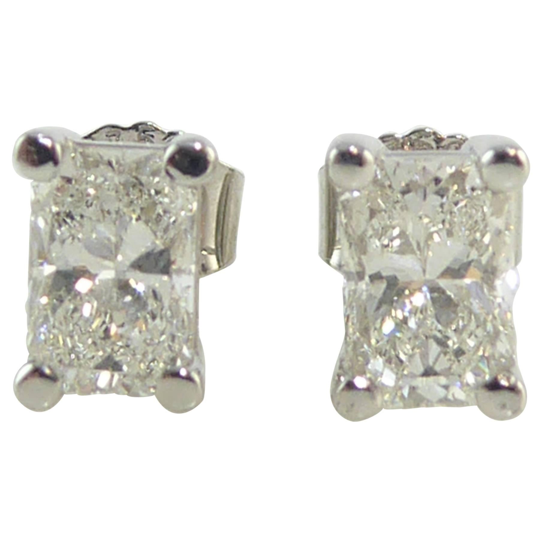 Radiant Diamond Stud Earrings, 1.96 Carat, Solitaire Settings, G/H Color