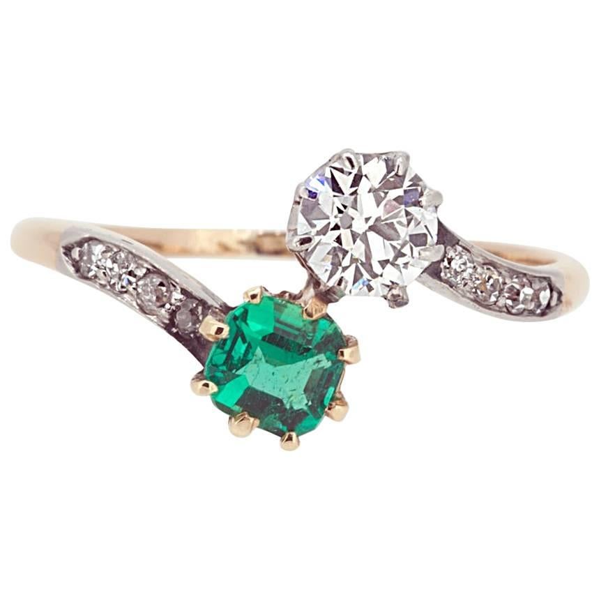 Art Deco Engagement Ring, Emerald Diamond Two-Stone Cross over Twist