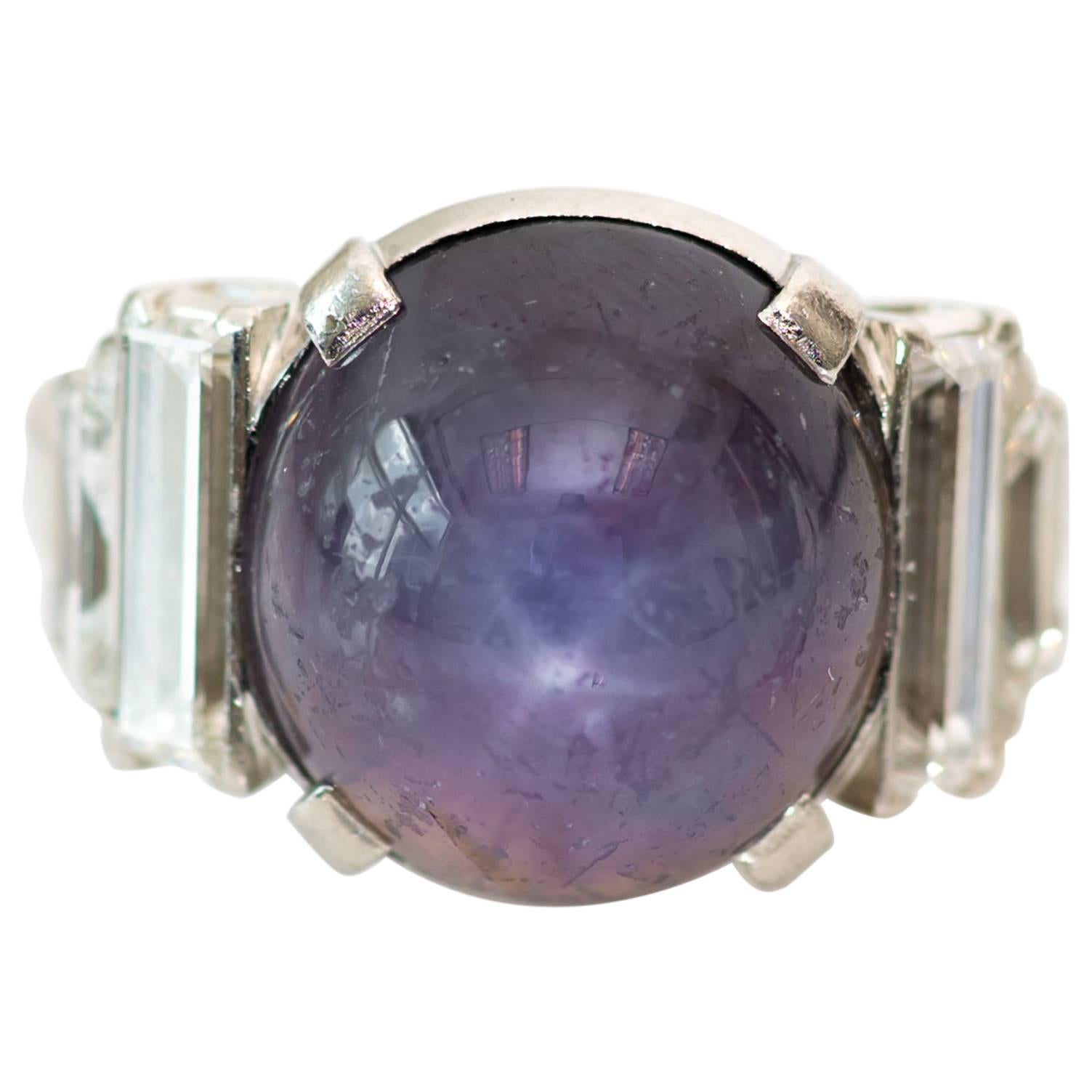 1940s Star Sapphire Cabochon and Diamond Platinum Cocktail Ring