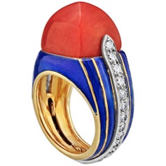 Tiffany & Co. Donald Claflin Coral Pyramid Diamond Enamel Gold Cocktail Ring
