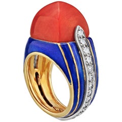 Tiffany & Co. Bague cocktail en or émaillé Donald Claflin Coral Pyramid Diamond Enamel