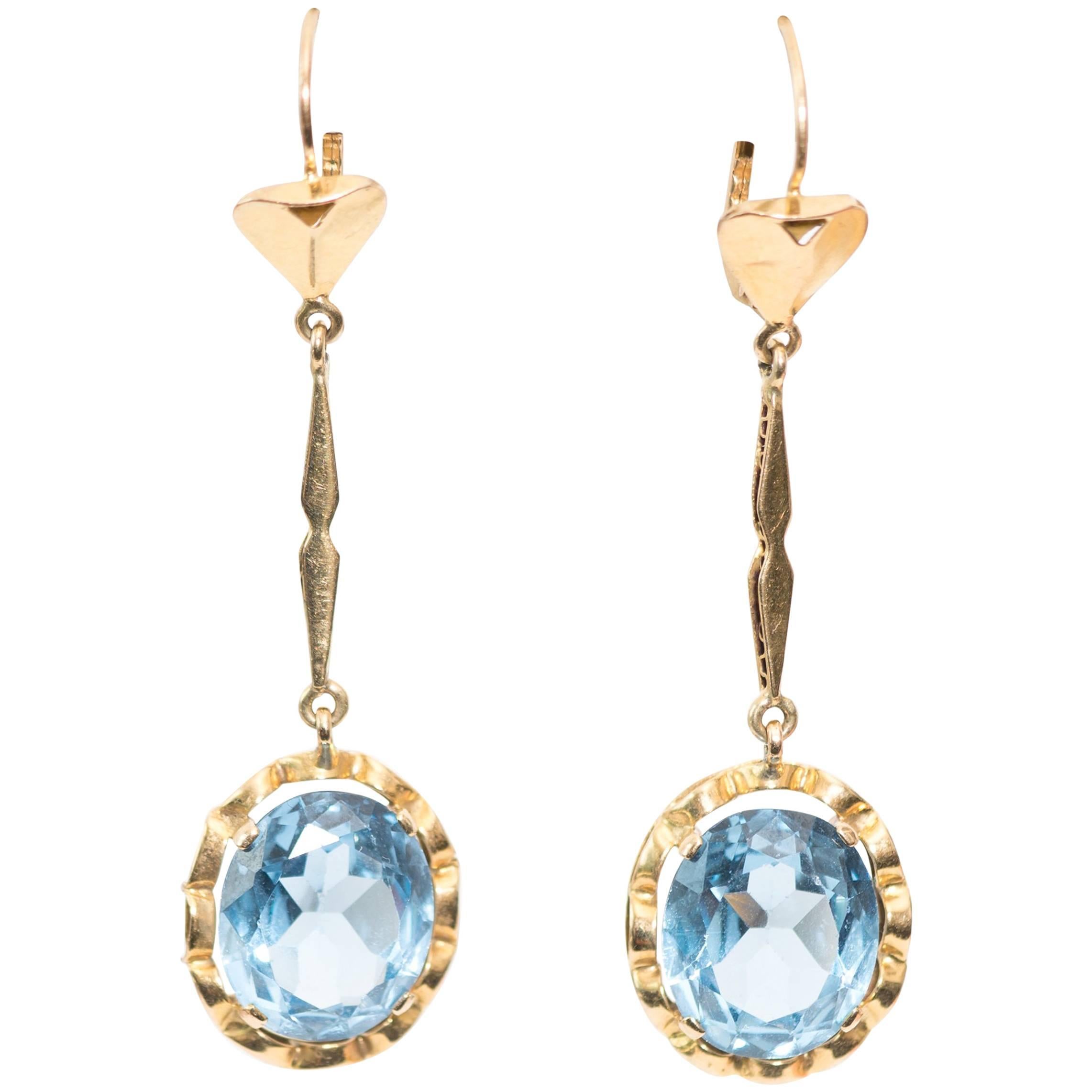 1950s 10 carat total Blue Topaz and 14 Karat Yellow Gold Dangle Earrings