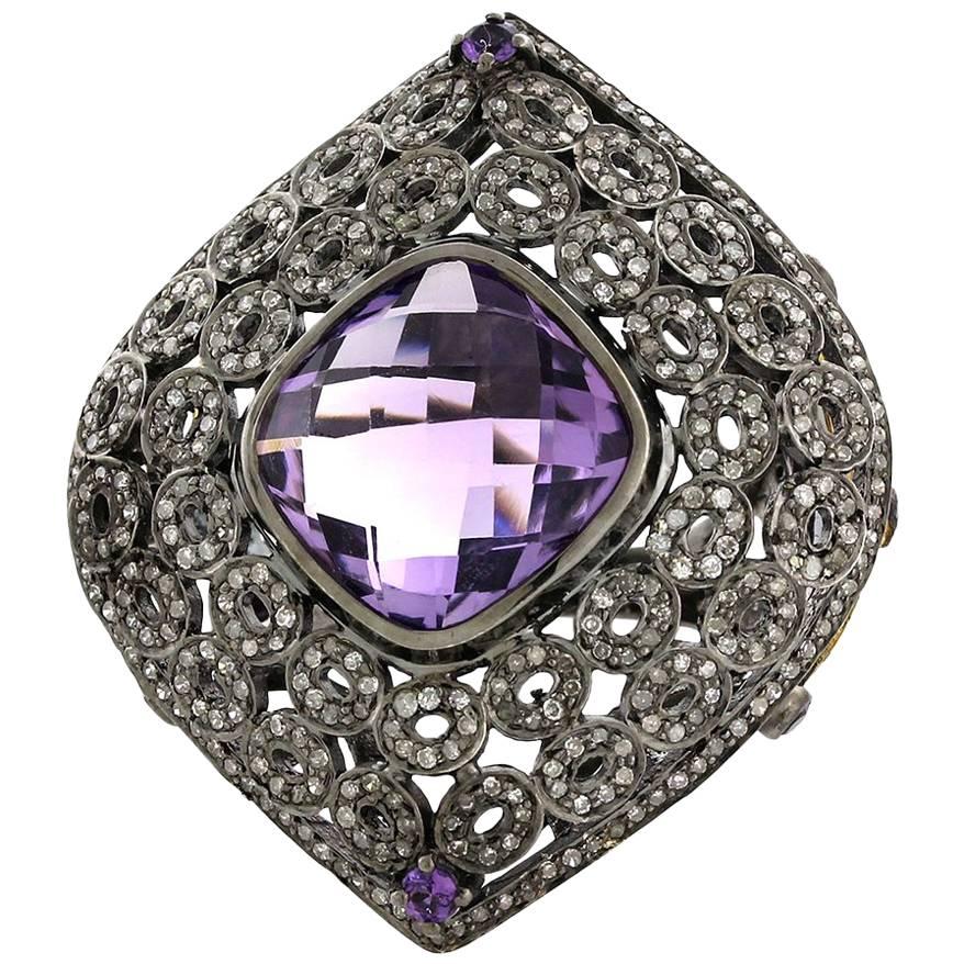 Checkered Amethyst Ring with Diamonds Made In 18k Gold & Silver For Sale