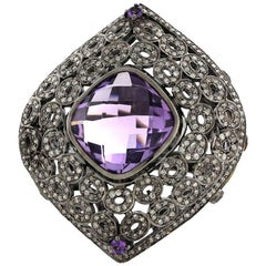 Checkered Amethyst Ring with Diamonds